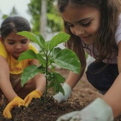 1390664210 - Two girls actively participate in gardening, carefully planting a young pepper plant in